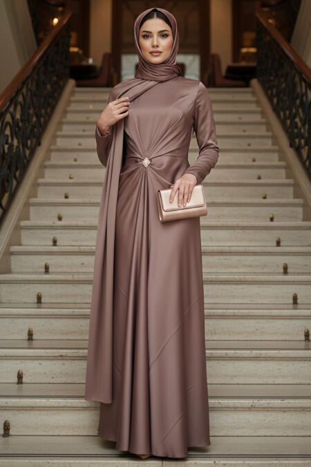 Modest Evening Dress - Cape Detail Mink Modest Satin Evening Dress 53862V - 