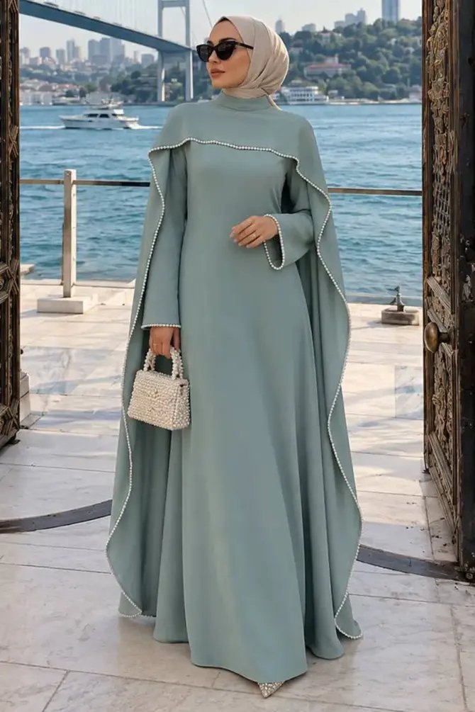 Modest Evening Dress - Cape Detail Mint Modest Evening Dress 55481Mint - 
