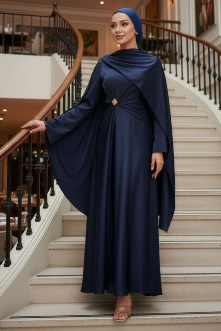 Modest Evening Dress - Cape Detail Navy Blue Modest Satin Evening Dress 53682L - 