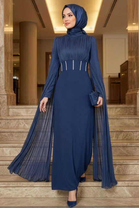 Modest Evening Dress - Cape Detail Navy Modest Evening Dress 55871L - 