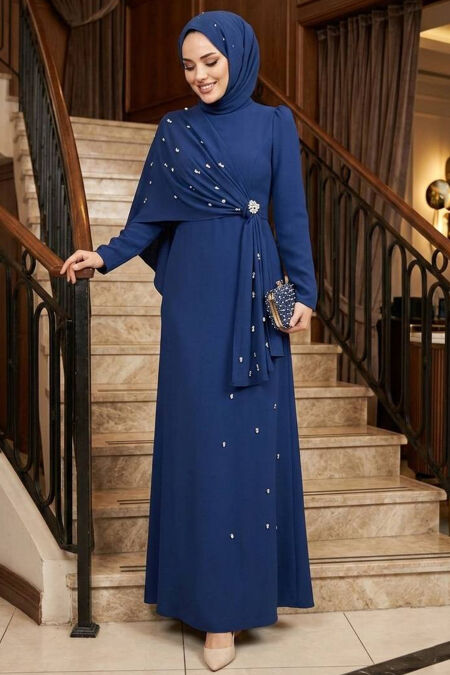 Modest Evening Dress - Cape Detail Navy Modest Evening Dress 56101L - 