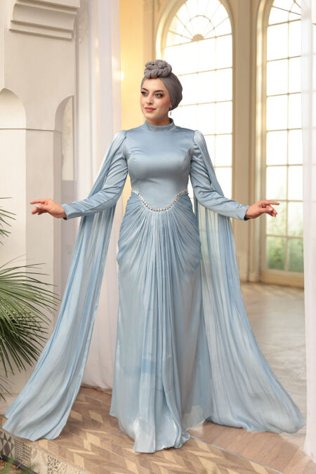 Modest Evening Dress - Cape Detail Baby Blue Modest Evening Dress 5418BM - NEVA STYLE