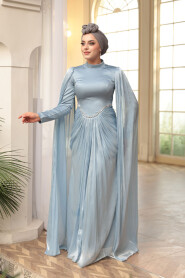Modest Evening Dress - Cape Detail Baby Blue Modest Evening Dress 5418BM - 3