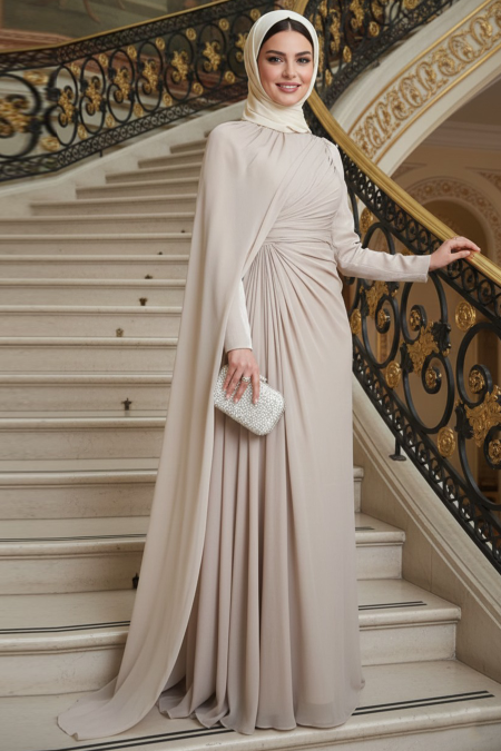 Modest Evening Dress - Cape Detailed Beige Modest Evening Dress 52142BEJ - 