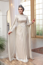 Modest Evening Dress - Cape Detail Beige Modest Evening Dress 5418BEJ - 2