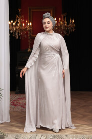 Modest Evening Dress - Cape Detail Beige Modest Evening Dress 54391BEJ - 2