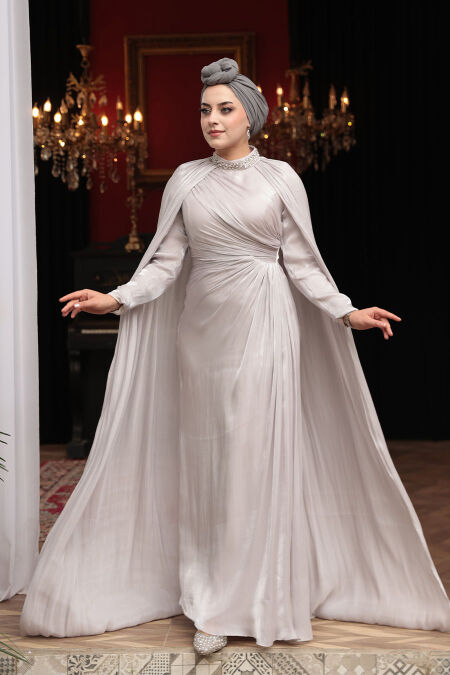 Modest Evening Dress - Cape Detail Beige Modest Evening Dress 54391BEJ - NEVA STYLE