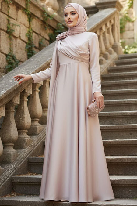 Modest Evening Dress - Cape Detailed Beige Modest Evening Dress 57915BEJ - 