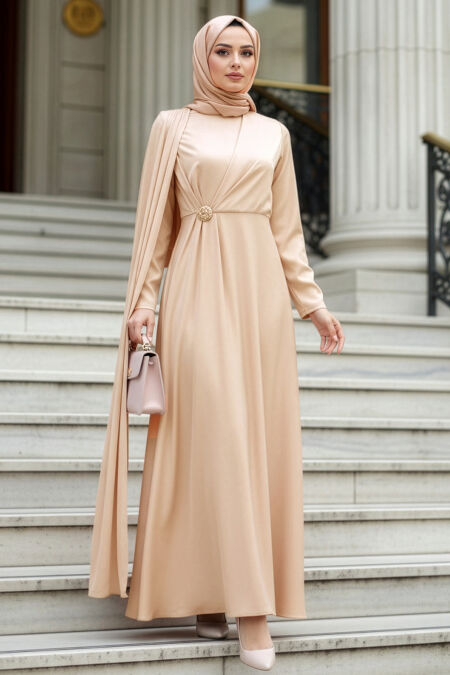 Modest Evening Dress - Cape Detailed Beige Modest Satin Evening Dress 4884BEJ - 