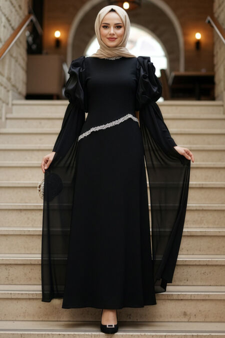 Modest Evening Dress - Cape Detailed Black Modest Evening Dress 4873S - 