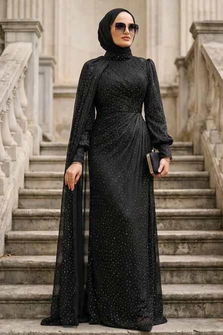 Modest Evening Dress - Cape Detailed Black Modest Evening Dress 4875S - 