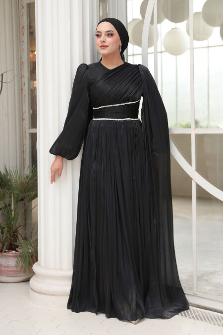 Modest Evening Dress - Cape Detailed Black Modest Evening Dress 53021S - NEVA STYLE