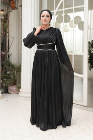 Modest Evening Dress - Cape Detailed Black Modest Evening Dress 53021S - 2