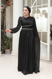 Modest Evening Dress - Cape Detailed Black Modest Evening Dress 53021S - 3