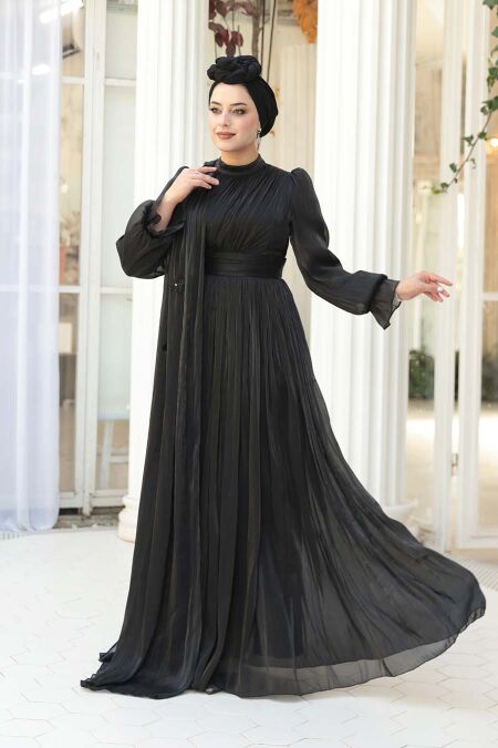 Modest Evening Dress - Cape Detailed Black Modest Evening Dress 5394S - NEVA STYLE