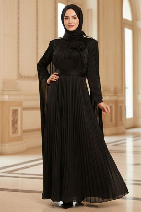 Modest Evening Dress - Cape Detailed Black Modest Evening Dress 54331S - 