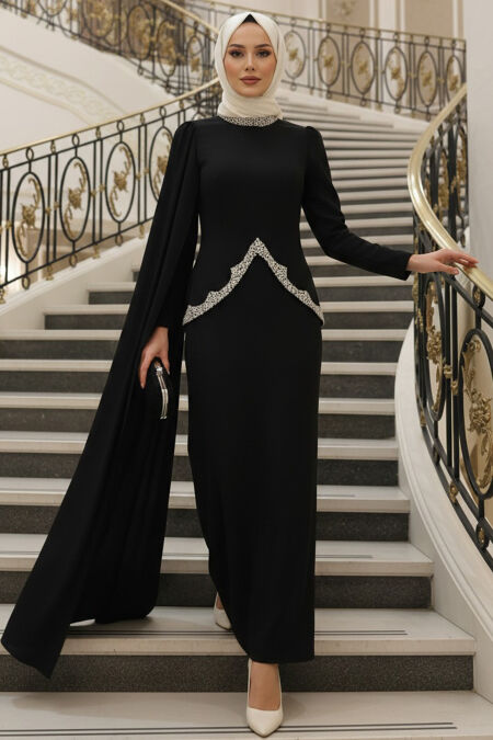 Modest Evening Dress - Cape Detailed Black Modest Evening Dress 54341S - 
