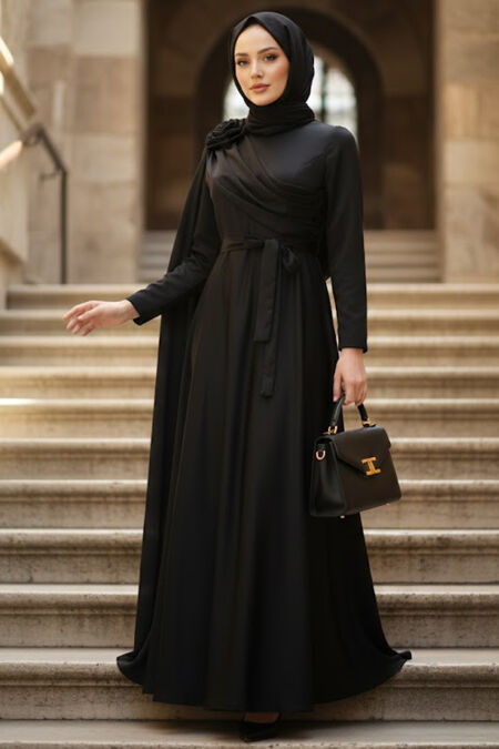 Modest Evening Dress - Cape Detailed Black Modest Evening Dress 57915S - 