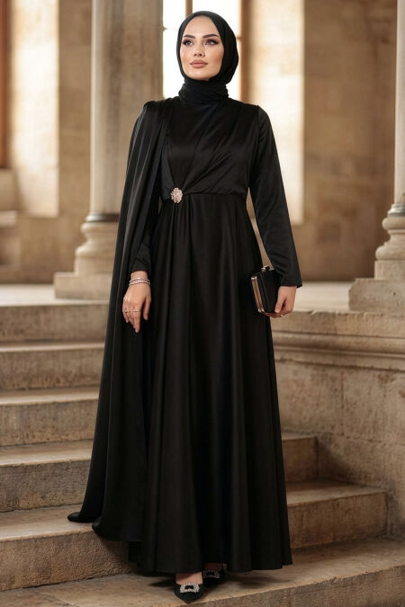 Modest Evening Dress - Cape Detailed Black Modest Satin Evening Dress 4884S - 