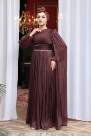 Modest Evening Dress - Cape Detailed Brown Modest Evening Dress 53021KH - 4