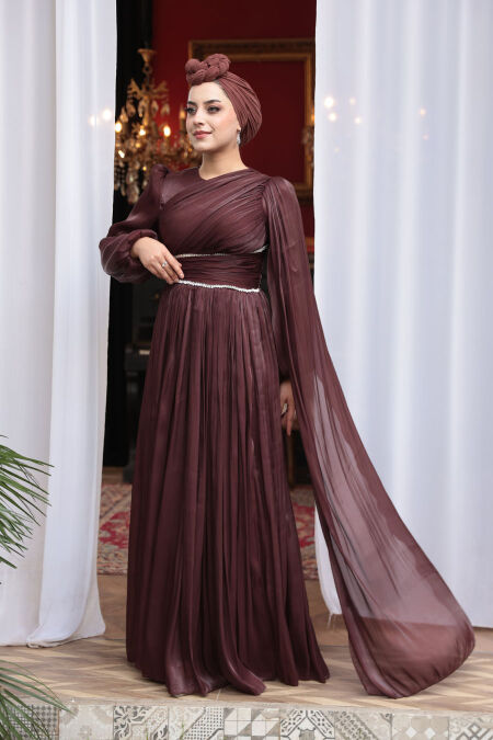 Modest Evening Dress - Cape Detailed Brown Modest Evening Dress 53021KH - NEVA STYLE