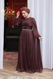 Modest Evening Dress - Cape Detailed Brown Modest Evening Dress 53021KH - 2