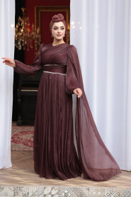 Modest Evening Dress - Cape Detailed Brown Modest Evening Dress 53021KH - 3