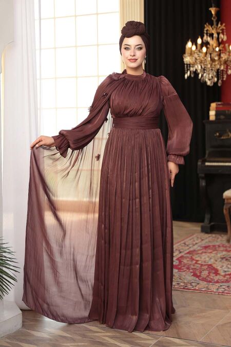 Modest Evening Dress - Cape Detailed Brown Modest Evening Dress 5394KH - NEVA STYLE