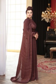 Modest Evening Dress - Cape Detailed Brown Modest Evening Dress 5394KH - 2
