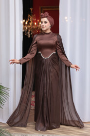Modest Evening Dress - Cape Detail Brown Modest Evening Dress 5418KH - 1