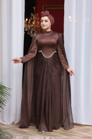 Modest Evening Dress - Cape Detail Brown Modest Evening Dress 5418KH - 2