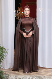 Modest Evening Dress - Cape Detail Brown Modest Evening Dress 5418KH - 3