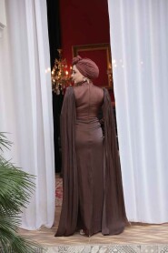 Modest Evening Dress - Cape Detail Brown Modest Evening Dress 5418KH - 4