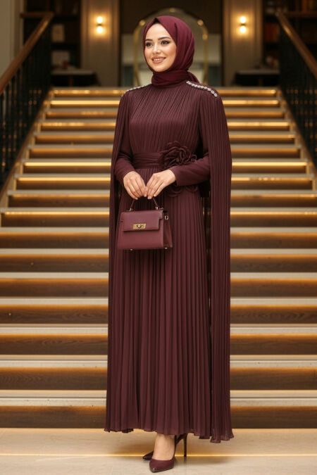 Modest Evening Dress - Cape Detailed Brown Modest Evening Dress 54331KH - 