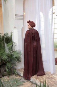 Modest Evening Dress - Cape Detail Brown Modest Evening Dress 54391KH - 5