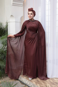 Modest Evening Dress - Cape Detail Brown Modest Evening Dress 54391KH - 1