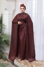 Modest Evening Dress - Cape Detail Brown Modest Evening Dress 54391KH - 2