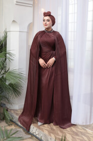 Modest Evening Dress - Cape Detail Brown Modest Evening Dress 54391KH - 3