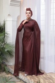 Modest Evening Dress - Cape Detail Brown Modest Evening Dress 54391KH - 4