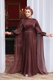 Modest Evening Dress - Cape Detail Brown Modest Evening Dress 5447KH - 4
