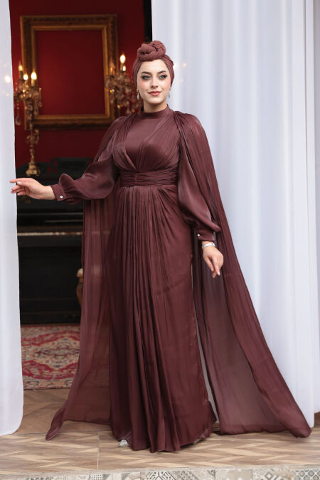 Modest Evening Dress - Cape Detail Brown Modest Evening Dress 5447KH - NEVA STYLE