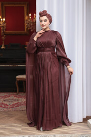 Modest Evening Dress - Cape Detail Brown Modest Evening Dress 5447KH - 5