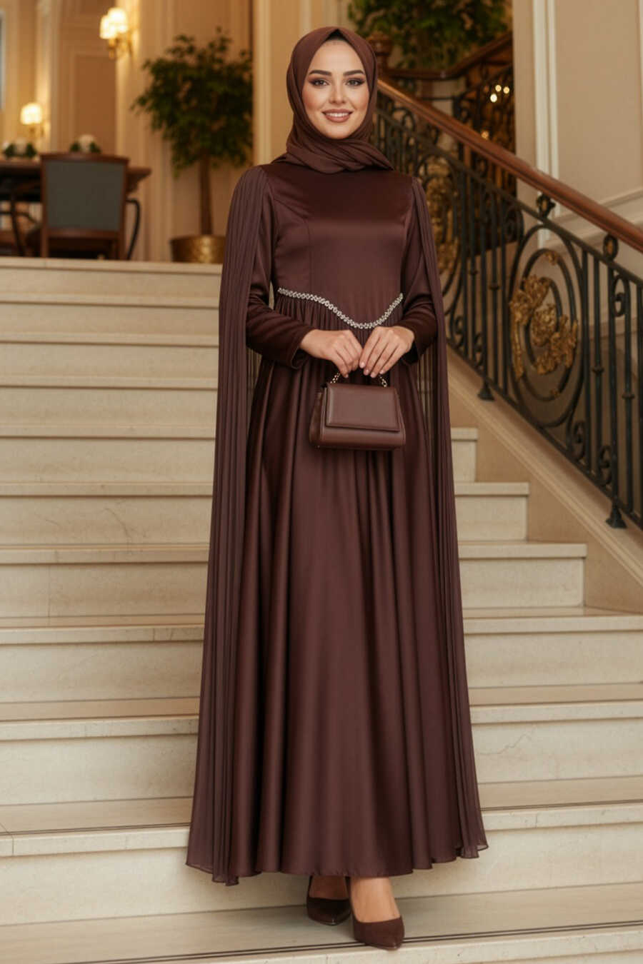 Cape Detailed Brown Modest Evening Dress 6262KH - Neva-style.com Cape Detailed Brown Modest Evening Dress 6262KH - Neva-style.com