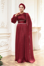 Modest Evening Dress - Cape Detailed Claret Red Modest Evening Dress 53021BR - 3