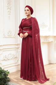 Modest Evening Dress - Cape Detailed Claret Red Modest Evening Dress 53021BR - 1