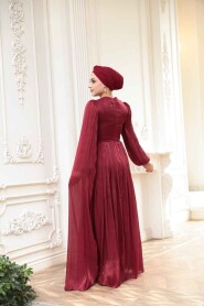 Modest Evening Dress - Cape Detailed Claret Red Modest Evening Dress 53021BR - 4