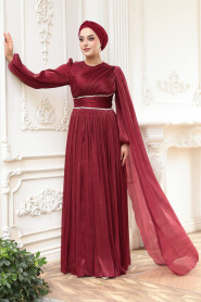 Modest Evening Dress - Cape Detailed Claret Red Modest Evening Dress 53021BR - 2