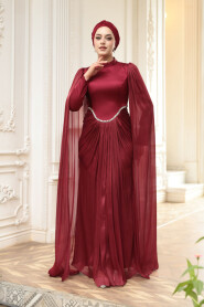 Modest Evening Dress - Cape Detail Claret Red Modest Evening Dress 5418BR - 4