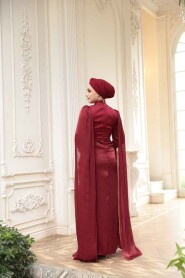Modest Evening Dress - Cape Detail Claret Red Modest Evening Dress 5418BR - 5