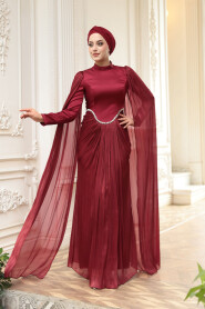 Modest Evening Dress - Cape Detail Claret Red Modest Evening Dress 5418BR - 1